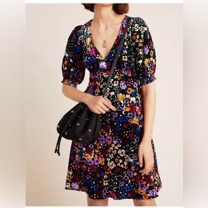 Anthropologie Floral Mini Dress - Black, Purple, Yellow